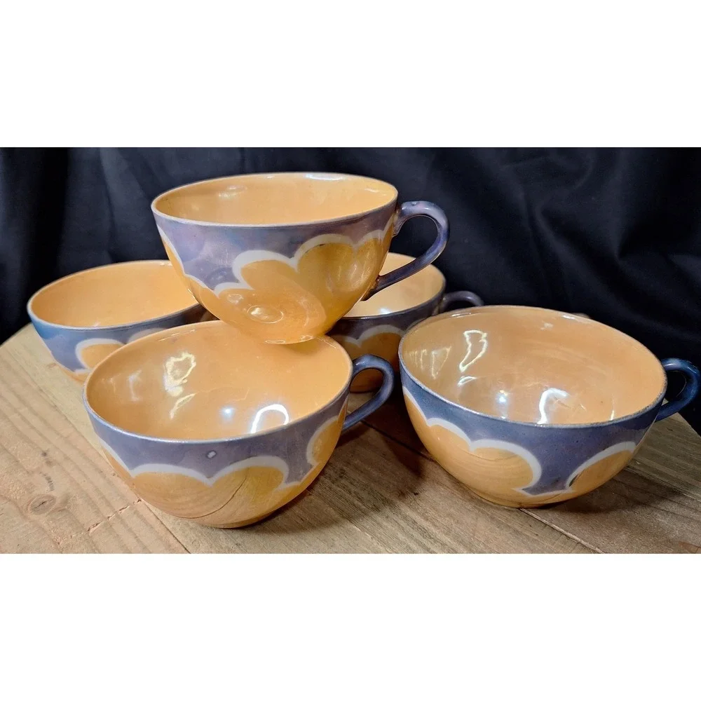 Vintage Japanese Lusterware Teacups Set of 5 Peach‎ Blue Iridescent Art Deco